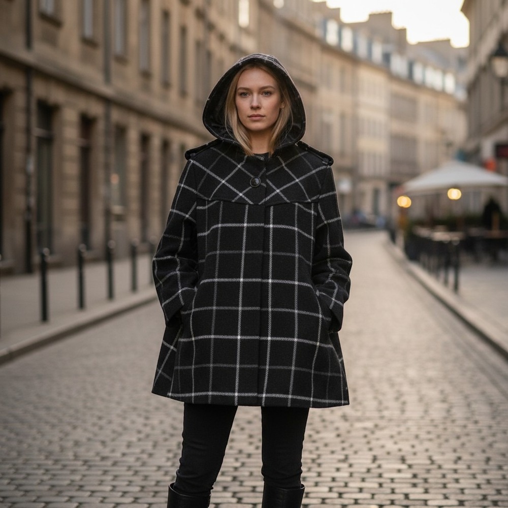 JOE Fresh hooded windowpane plaid swing cape coat Women Medium black wool blend